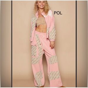 POL 2 piece Outfit, Pink, Cream, and Green Bomber Jacket and Pant, Size Medium